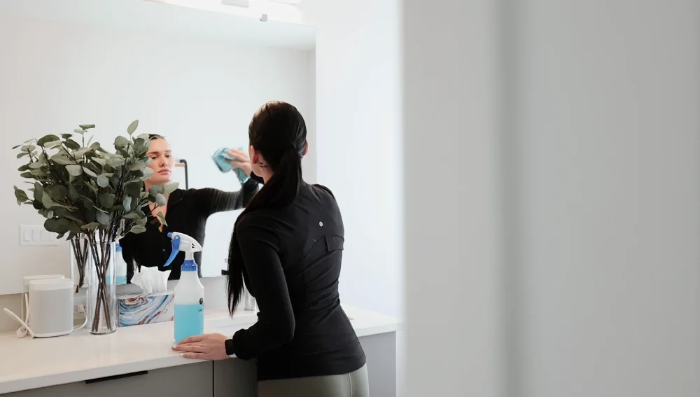 Home cleaner wiping a bathroom mirror.