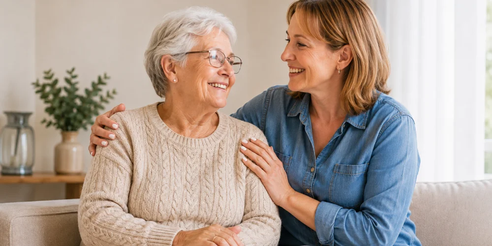 Senior woman smiling with her adult daughter at home.