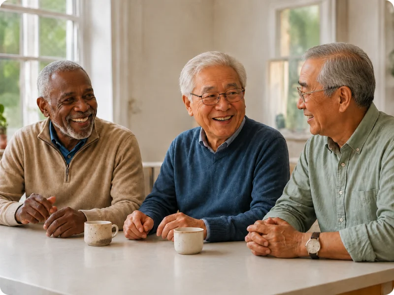 Three senior men smiling and enjoying coffee together.