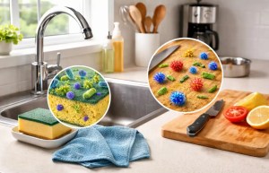 Kitchen sponge and cutting board with magnified bubbles showing bacteria buildup.
