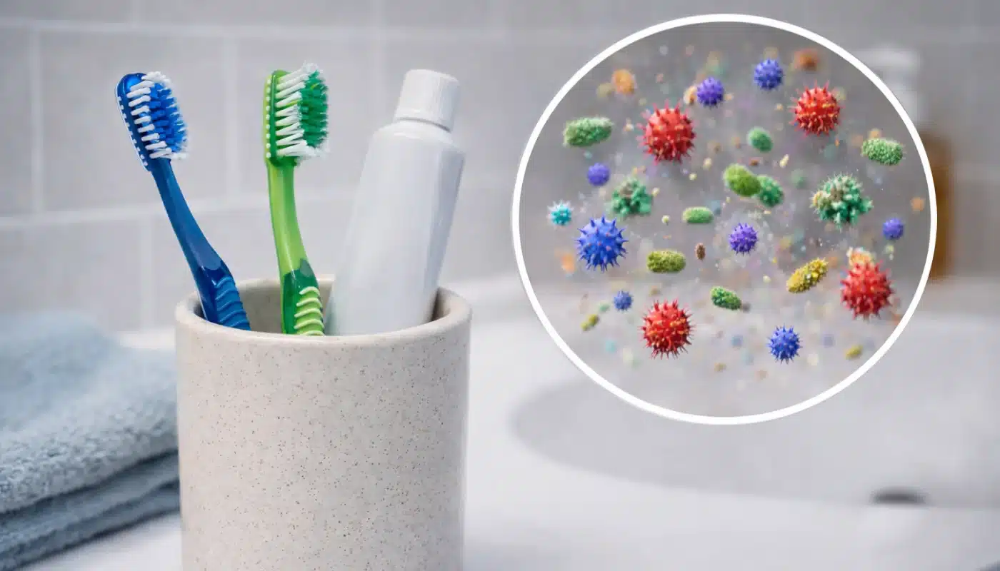 Toothbrush holder with toothbrushes and magnified bubble showing bacteria buildup.