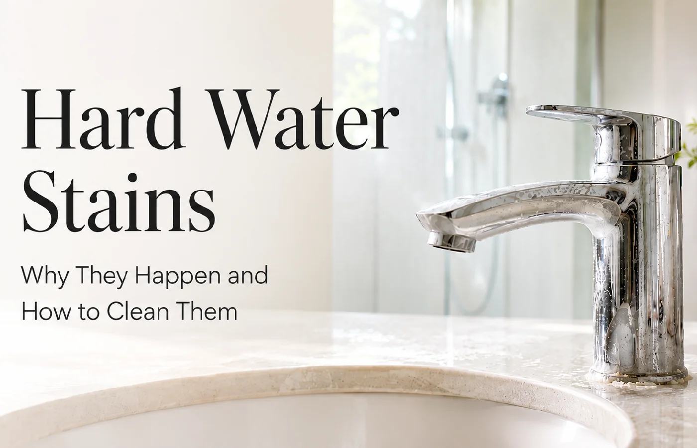 Hard water stains on a chrome bathroom faucet.