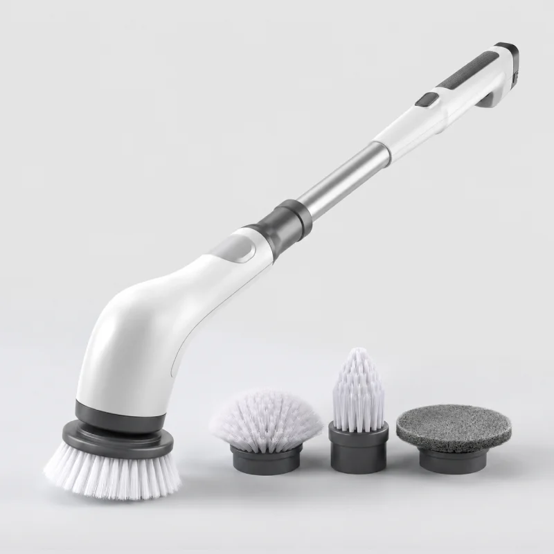 Cordless spin scrubber with interchangeable brush heads.