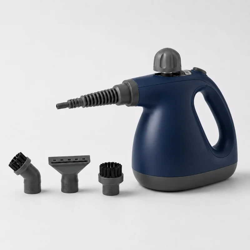 Handheld steam cleaner with cleaning attachments.