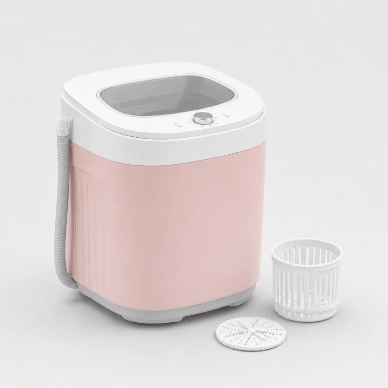 Pink portable washing machine for small laundry loads.
