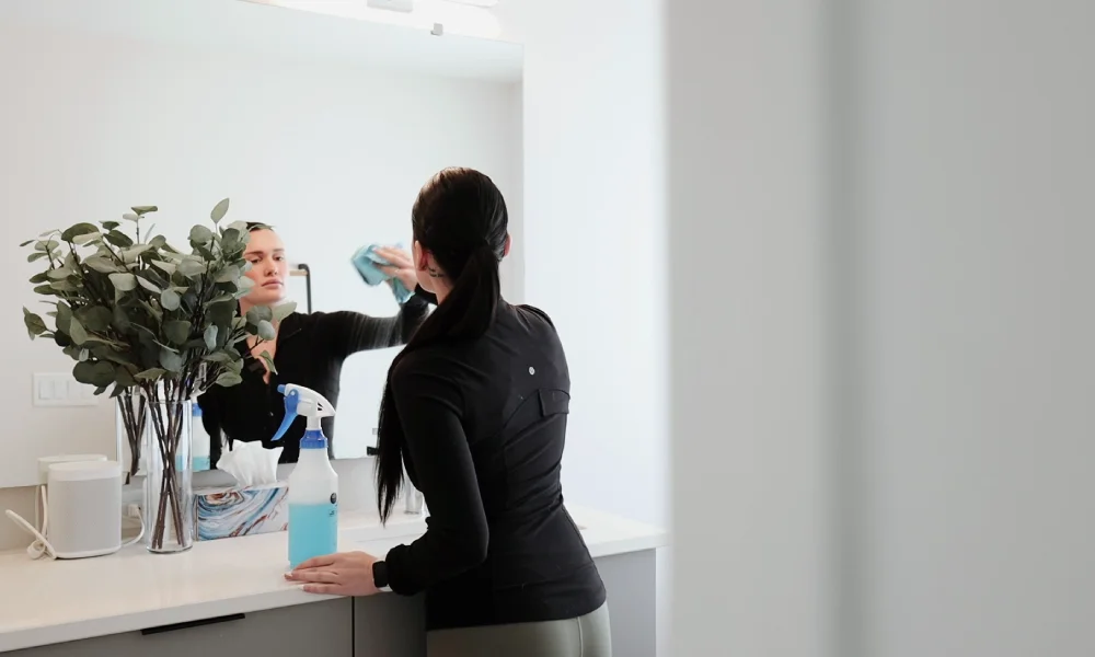 Cleaner wiping a bathroom mirror with a microfiber cloth.