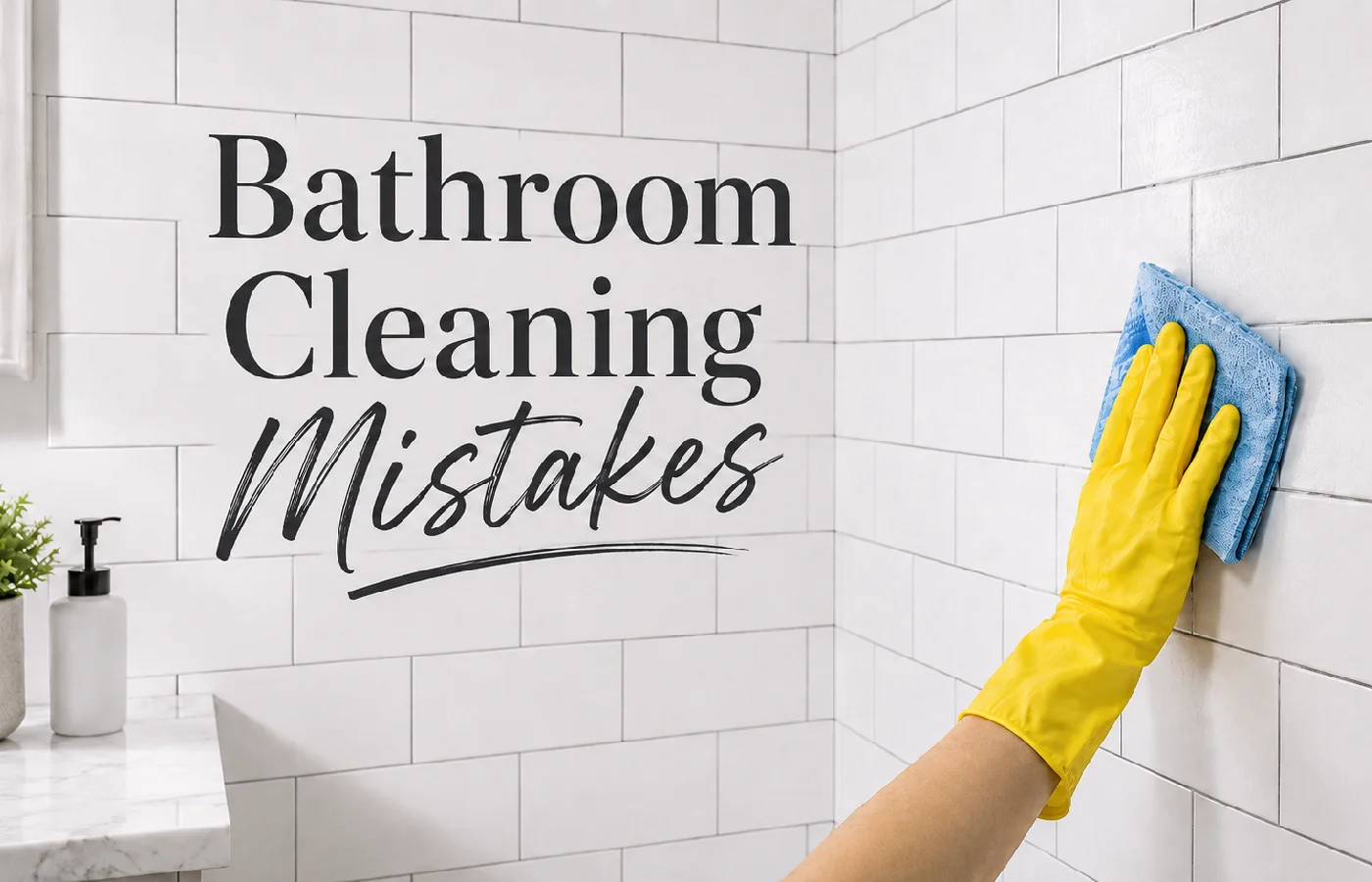 Person wearing a yellow glove cleaning white bathroom tile wall.
