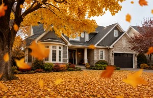 Suburban house surrounded by golden autumn leaves.