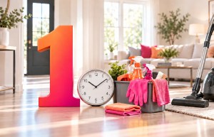 Cleaning supplies, clock, and number one representing a one-time cleaning service.